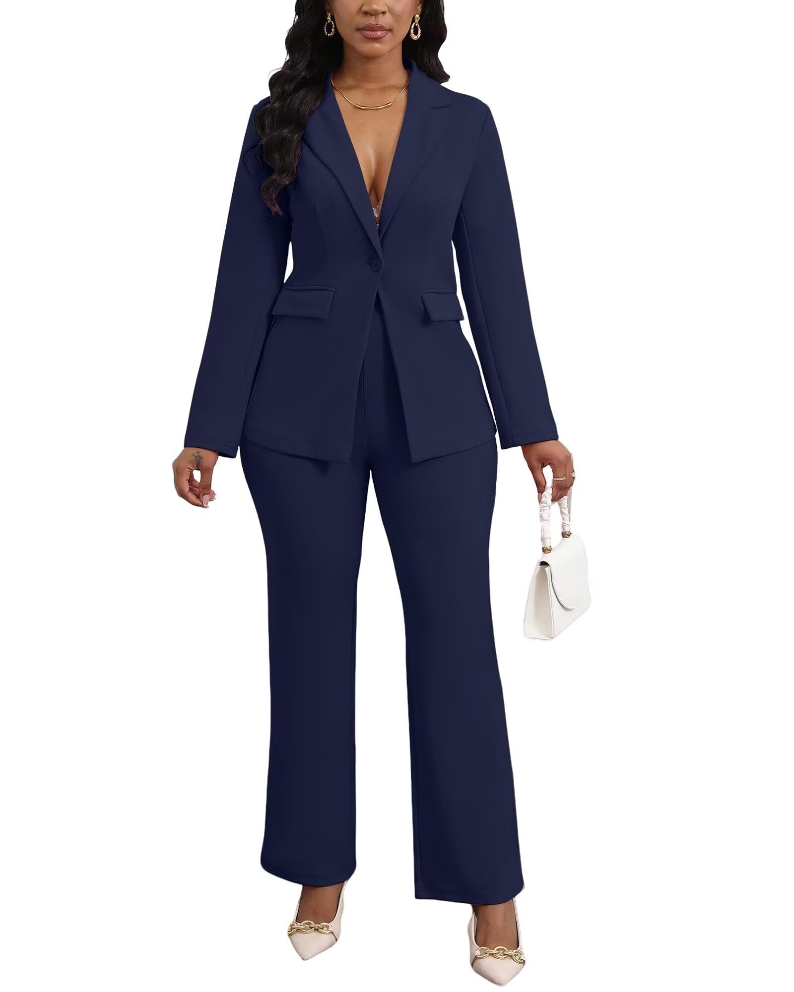 Womens 2 Piece Pant Suits Dressy Blazer Jacket Flare Pants Set Casual Business Suiting Formal Work Office Outfits