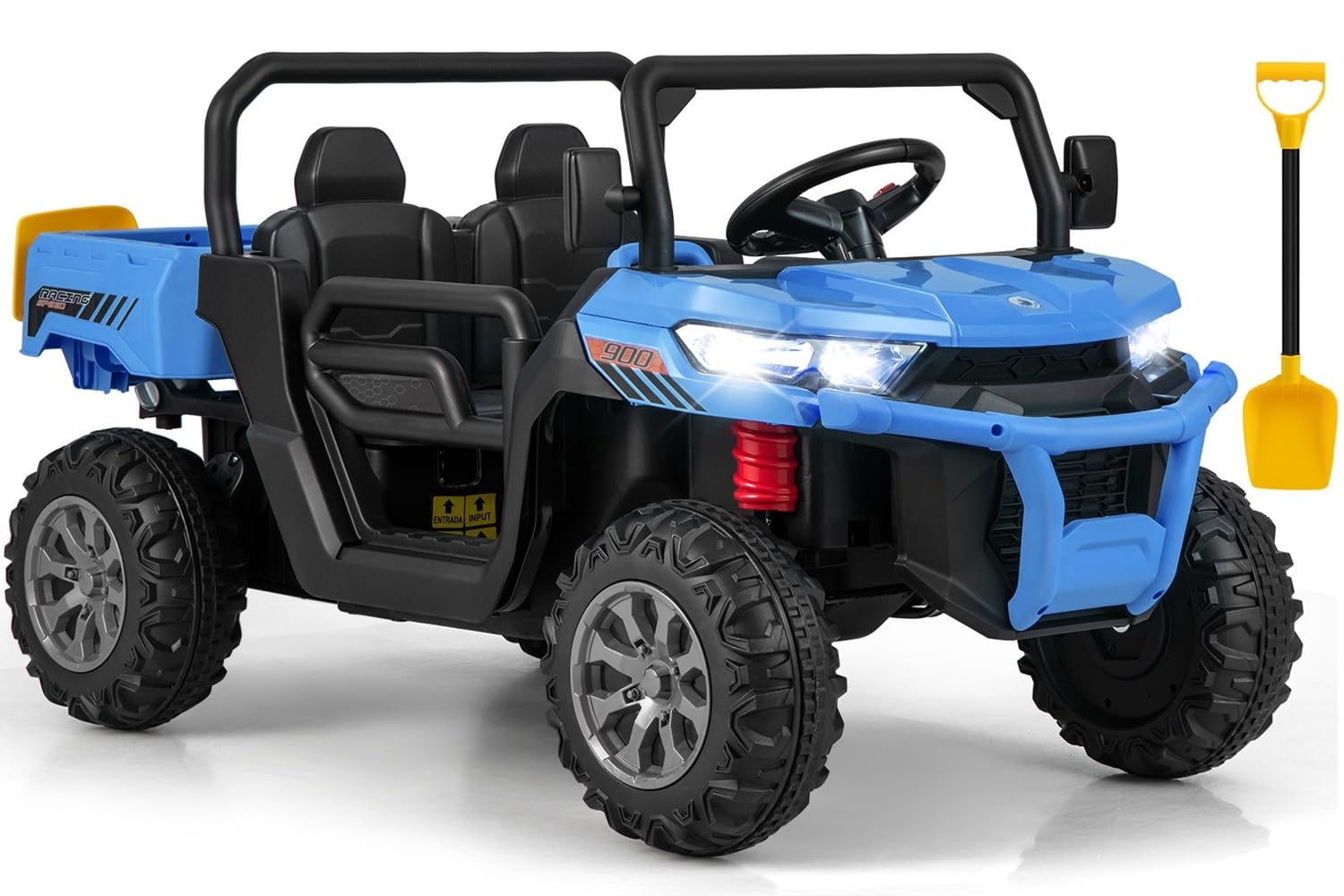 OLAKIDS 2 Seater Ride On Car, 12V Off-Road UTV Electric Vehicle with Remote Control, Dump Bed, Extra Shovel, Music, USB, AUX, Rocking Function, Kids Toddlers Battery Powered Truck (Azure)