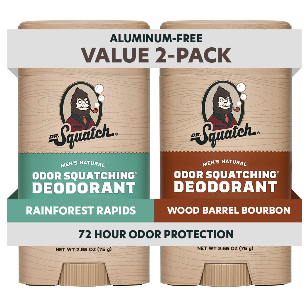 Natural Men’s Deodorant – Aluminum Free Natural Deodorant Men with Charcoal & Postbiotics for 72-Hour Odor Protection – Rainforest Rapids + Wood Barrel Bourbon, 2.65oz Stick (2-Pack)