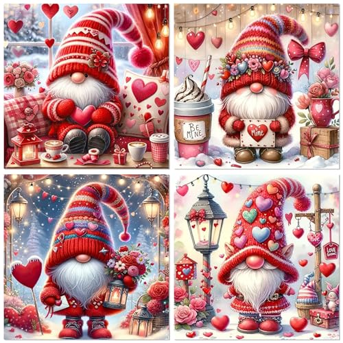 Ekuxom 4 Pack Gnome Diamond Art Kits for Adults-5D Gnome Love Diamond Painting Kits for Adults-DIY Round Full Drill Paint by Diamonds Pictures Crafts for Home Wall Decor 14x14inch