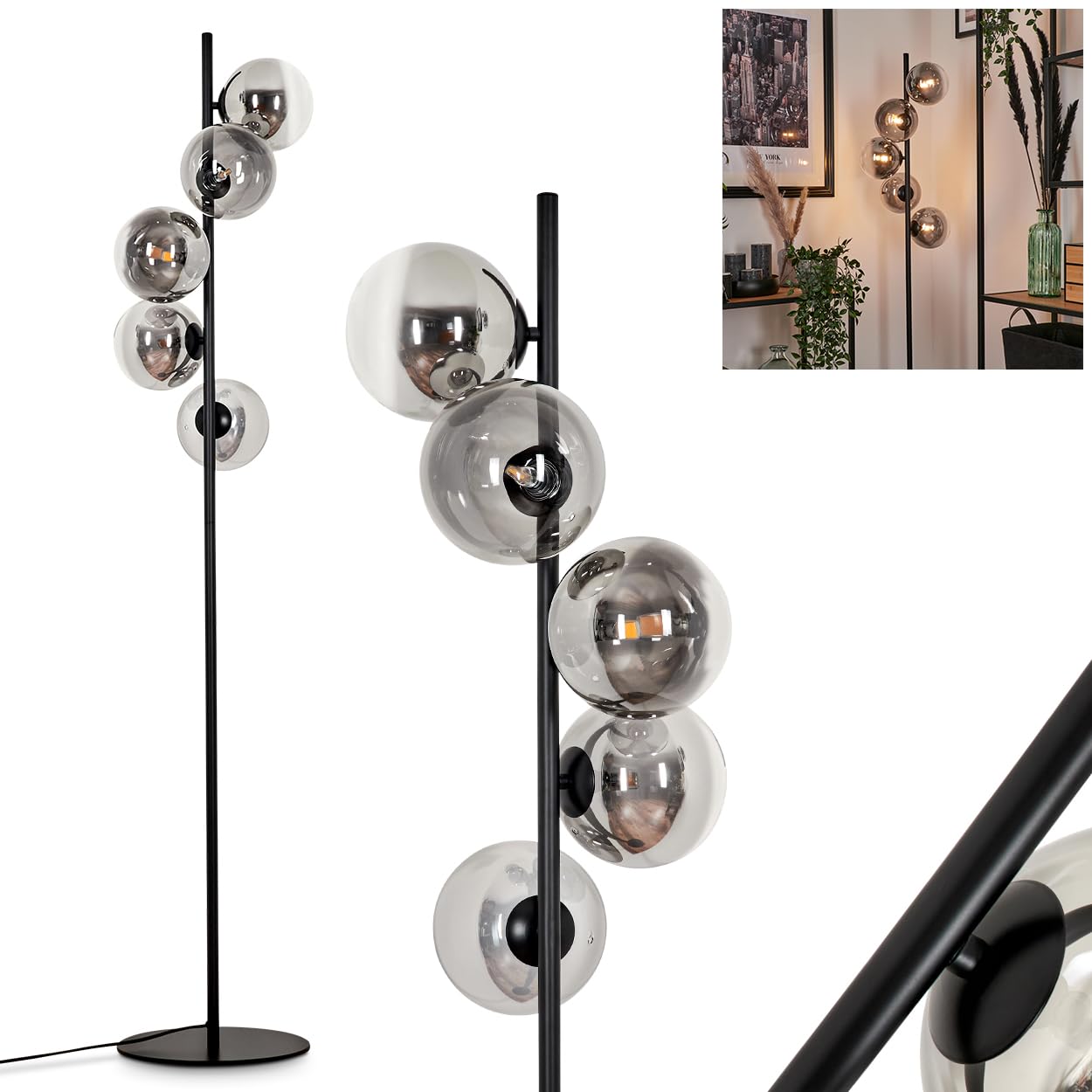 Stehleuchte Remaisnil, Stehlampe aus Metall/Glas in Schwarz/Rauchfarben/Klar, Standlampe im Retro/Vintage-Design mit Schirmen aus Glas (Ø 15 cm) u. Fußsschaler, Höhe 160 cm, 5 x G9, ohne Leuchtmittel