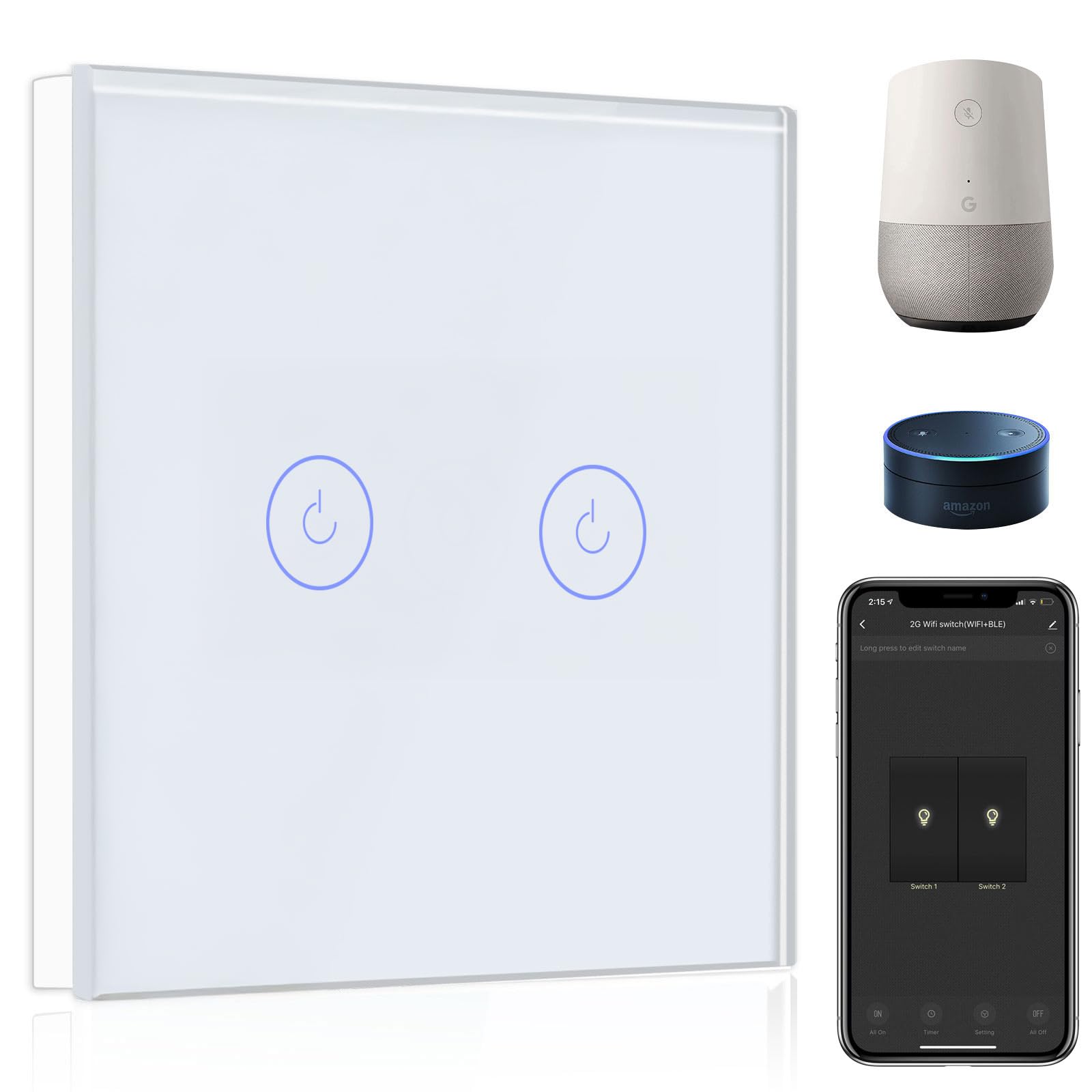 BSEED Interruptor de Pared WiFi,Interruptor Inteligente 2 Gang 1 Vía con Pantalla Táctil Blanco,Compatible con Alexa, Google Home, Control de APP y Función de Temporizador【Se necesita Neutro】