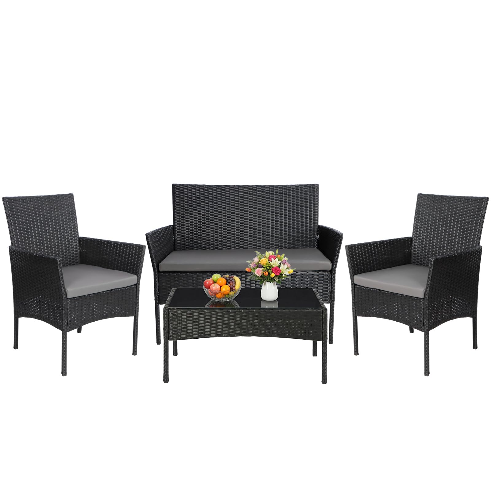 Panana Rattan Garden Furniture Set, 4 Piece Chair Sofa Set with Tempered Glass Table, Cushions Patio balcony Outdoor Conservatory Indoor