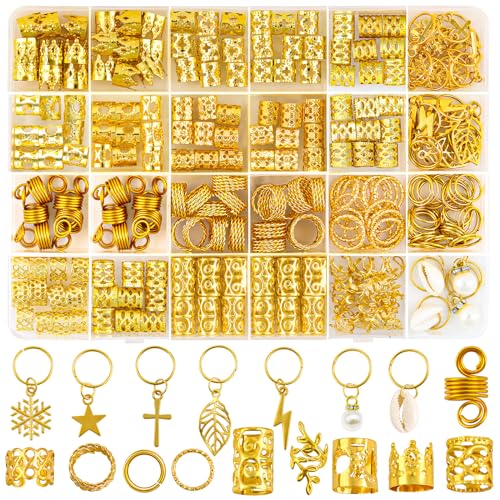 JOLCEEY 245pcs Hair Jewellery for Braids, Gold Hair Accessories Beads Cuffs Charms Rings for Girl Women Men Braids Decoration Party Music Festival