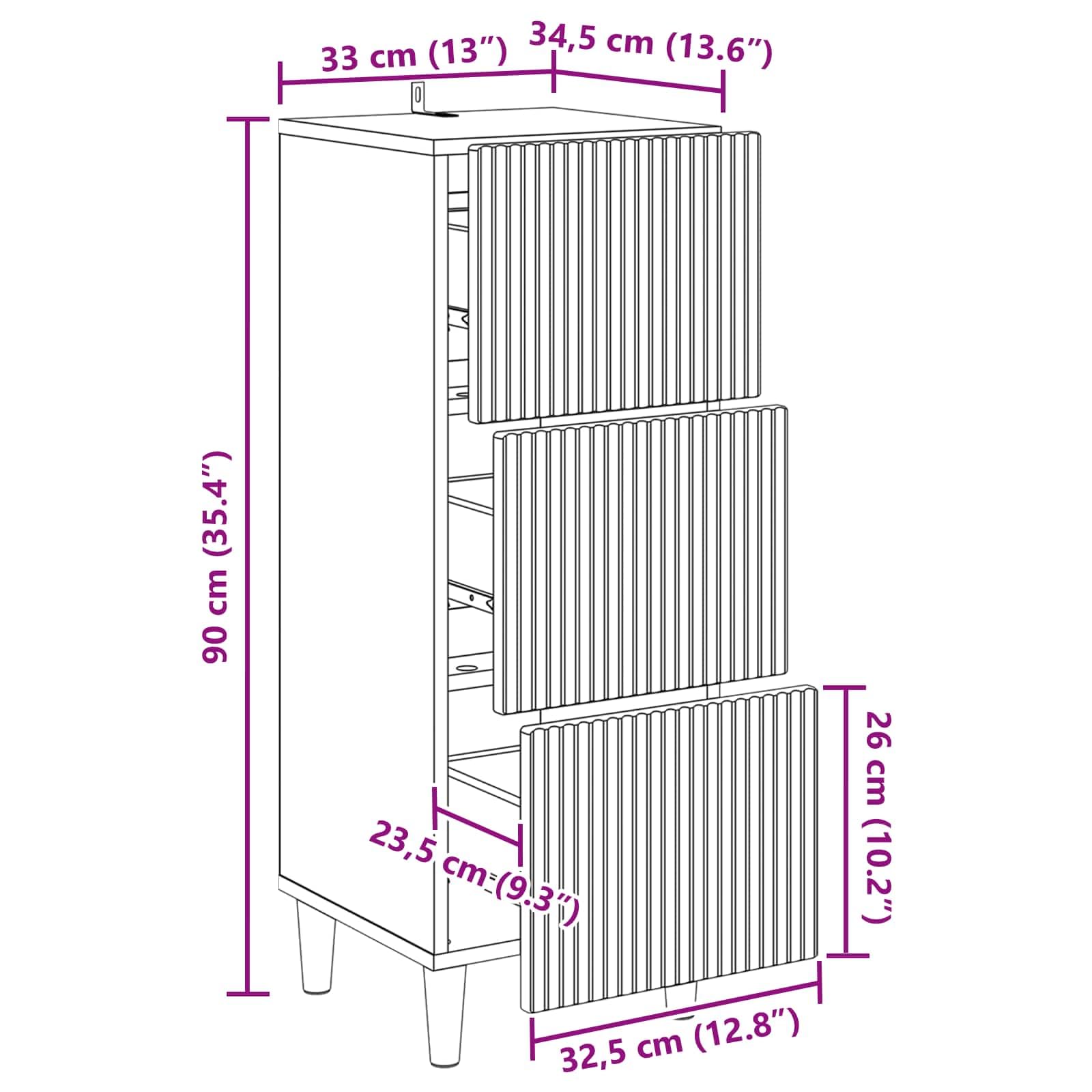 Cassettiera in legno anticato, 33 x 34,5 x 90 cm, con 3 cassetti, per casa, ufficio, garage, armadio multiuso con spazio e design robusto