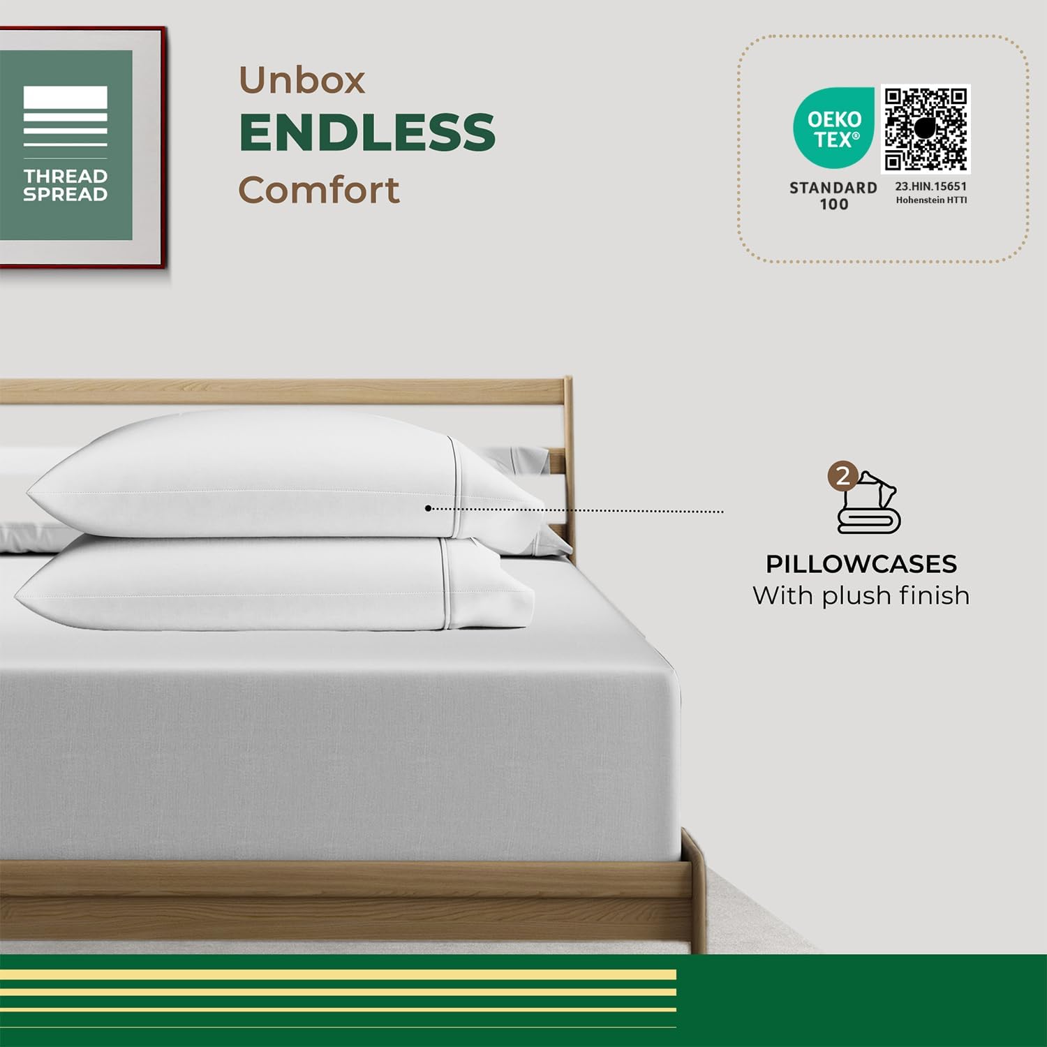 THREAD SPREAD 100% Organic Cotton Pillow Cases Set of 2 Queen/Standard Size - Soft, Cooling, Crisp & Breathable Organic Cotton Percale Weave Pillowcase for Queen Pillow (Light Grey), GOTS Certified - Image 3