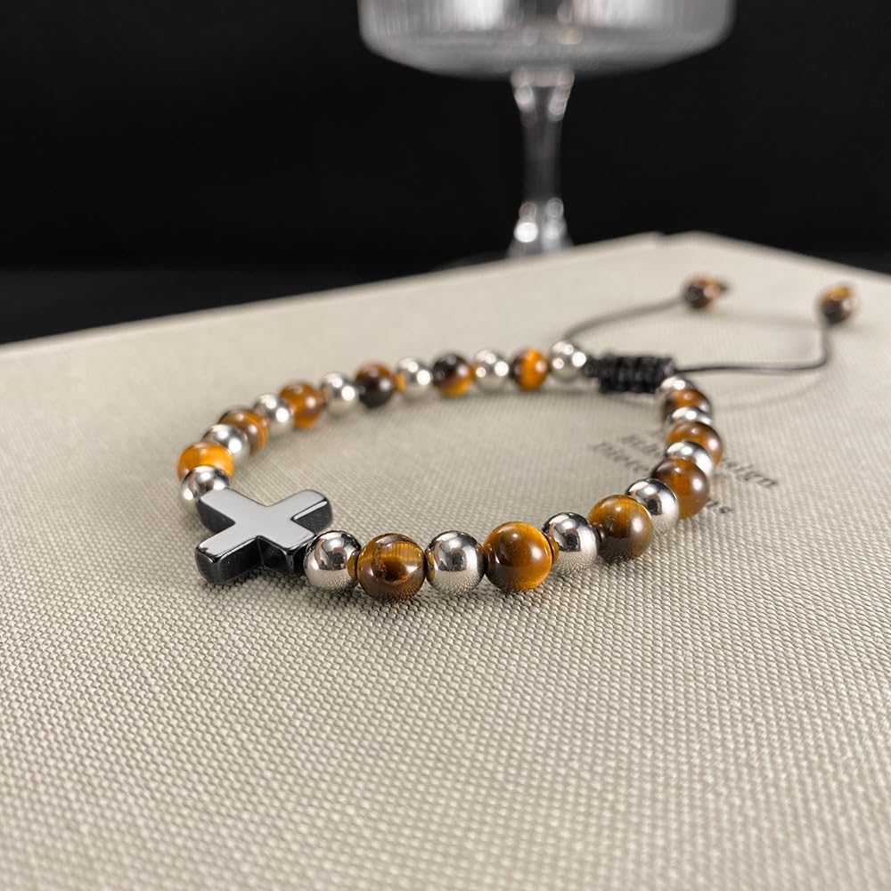 Cross Bracelet for Men,Stainless Steel Tiger Eye Stone with Silver Cross Religious Bracelet Christian Jewelry 21 cm 8.26 inches - Image 2