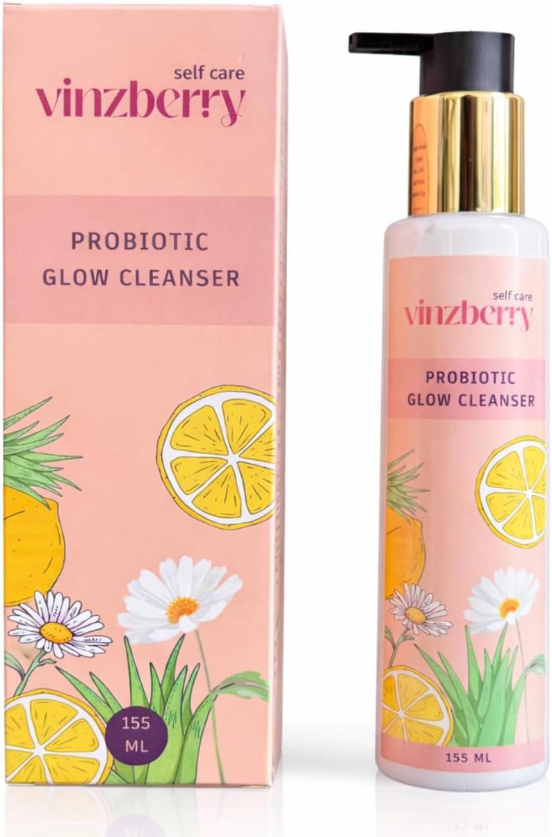 VINZBERRY Probiotic Glow Cleanser | AHA, Squalane, Hyaluronic Acid & Probiotics | Provides Deep Hydration, Skin Brightening & Gentle Exfoliation | Anti Aging Daily Refreshing Face Wash for Men & Women | Pack of 1 (155 ml)