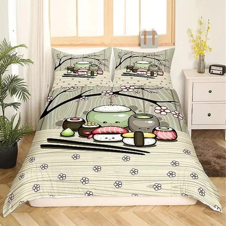 Funda nórdica para cama 90 de microfibra de 155x220 cm con diseño de comida japonesa