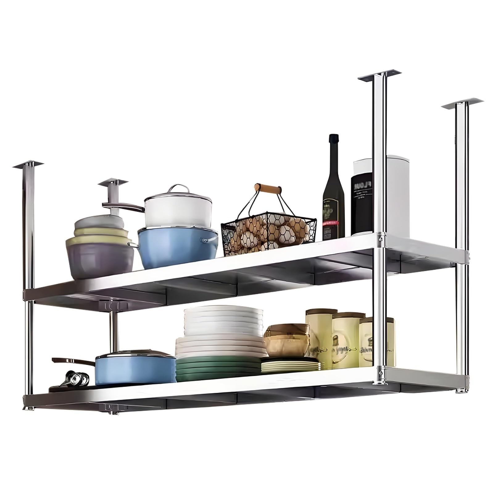 Wieszak na garnki, 2-poziomowy organizer ścienny do kuchenki mikrofalowej, półka na garnki, stojak na rośliny, wieszak na naczynia kuchenne i przybory(Ceiling mount,120x35x80cm)