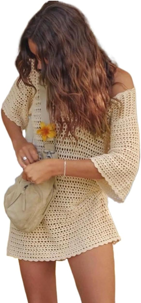 Womens Sexy Knit V Neck Half-Sleeve Hollow Out Summer Beach Mini Dress Swimwear Cover Up cover ups for swimwear