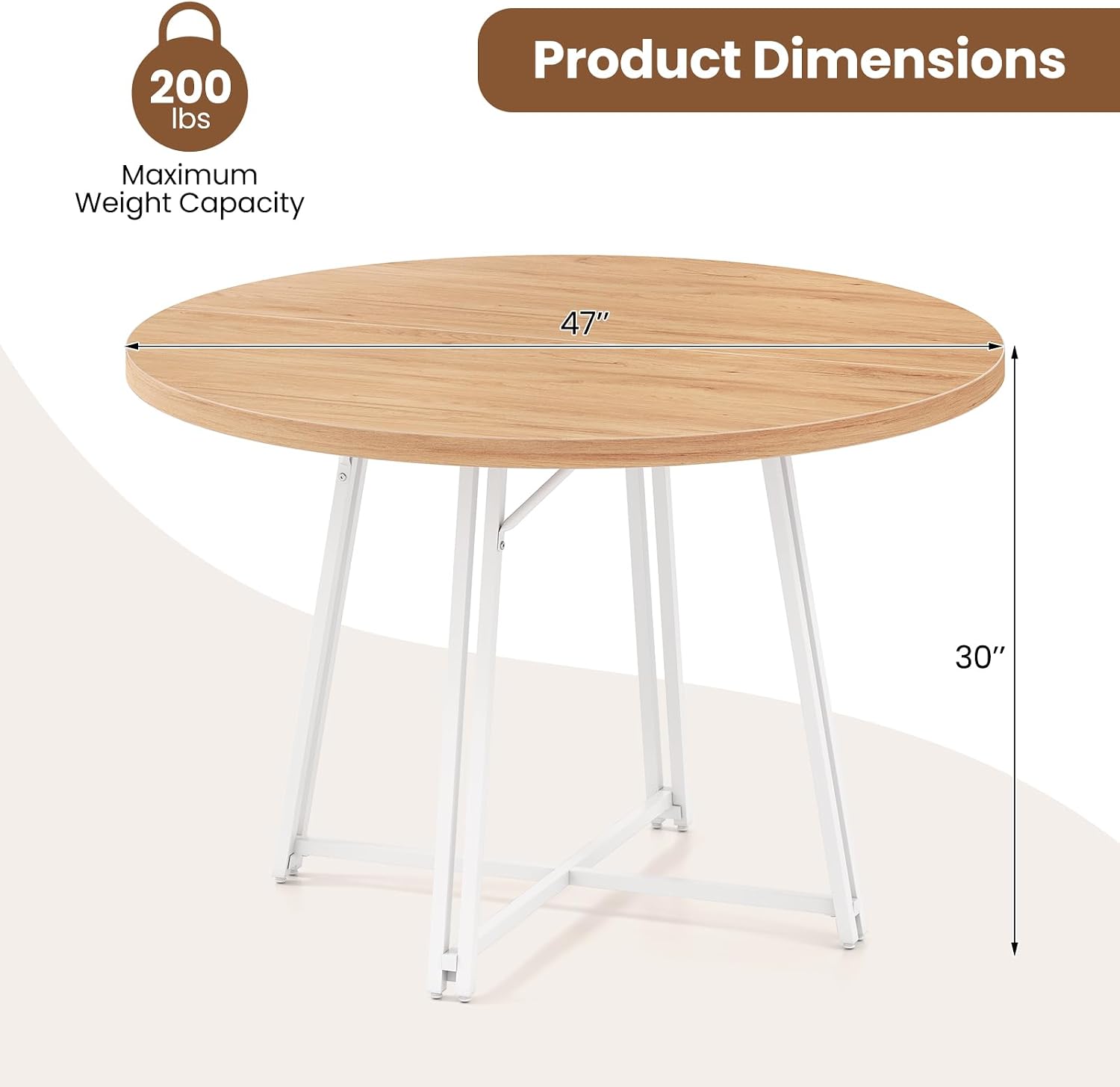 Giantex 47-inches Round Dining Table for 4-6 People, Kitchen Table with Metal Supporting Legs & Cross Base, Circle Dinner Tables for Dinette, Restaurant, Living Room, Dining Room, Natural & White