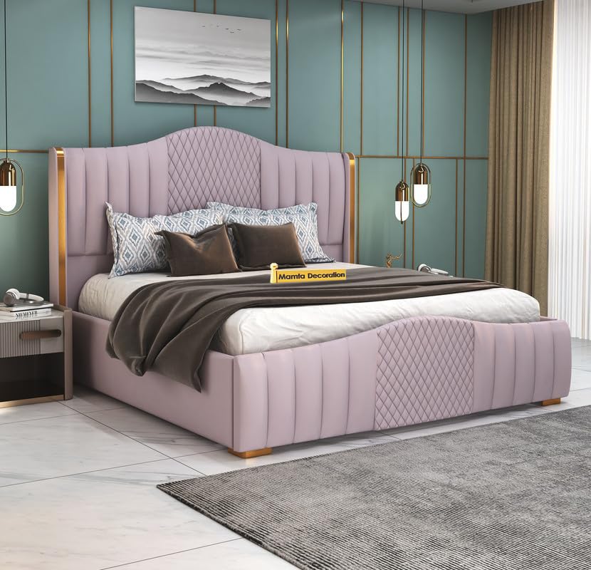 Image of MAMTA DECORATION Solid Wood King Size Bed for Bedroom with Box Storage | Premium Velvet Upholstery Double Bed with Tufted Headboard | Modern Palang Cot Bed for Home, Hotels & Guest Room | Light Purple