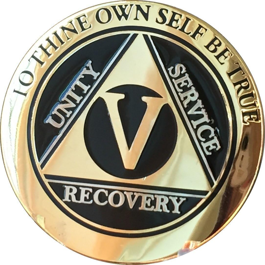 Recoverychip 5 Year AA Medallion Elegant Black Gold Silver Bi-Plated Alcoholics Anonymous Chip