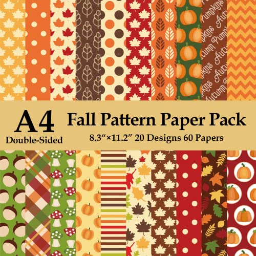 60 Sheets Autumn Fall Pattern Paper 8.5 x11 inch Fall Pumpkin Leaves Double-Sided Origami Paper paper for Autumn Falls Harvest Thanksgiving Card Making Scrapbook20 Designs