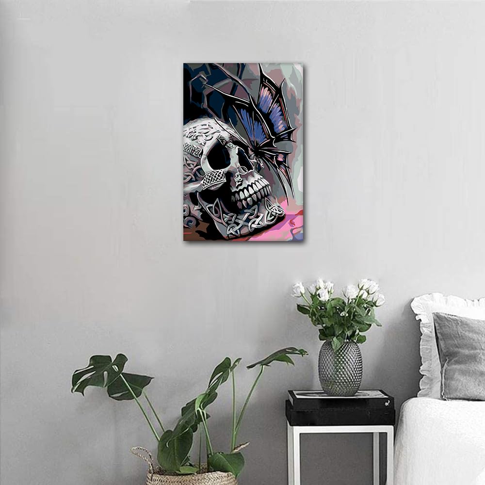 Canvas Wall Art for Living Room Retro Skeleton Butterfly Paintings Large Flower Prints and Poster Artwork for Walls Rustic Home Decor Wood Wall Decorations Canvas Frame Hanging Decor (24x16in) - Image 3