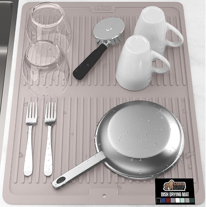 GORILLA GRIP 100% BPA-Free Patented Silicone Dish Drying Mat for Kitchen Counter, 18x24 Inch, Water Catching Ribbed Design, Easy Clean Waterproof Sink Liner, Heat Resistant, Fits Under Rack, Almond