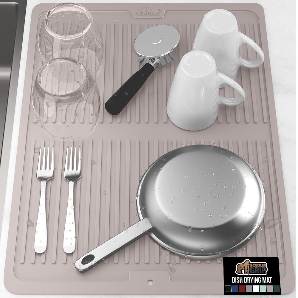 GORILLA GRIP 100% BPA-Free Patented Silicone Dish Drying Mat for Kitchen Counter, 18x24 Inch, Water Catching Ribbed Design, Easy Clean Waterproof Sink