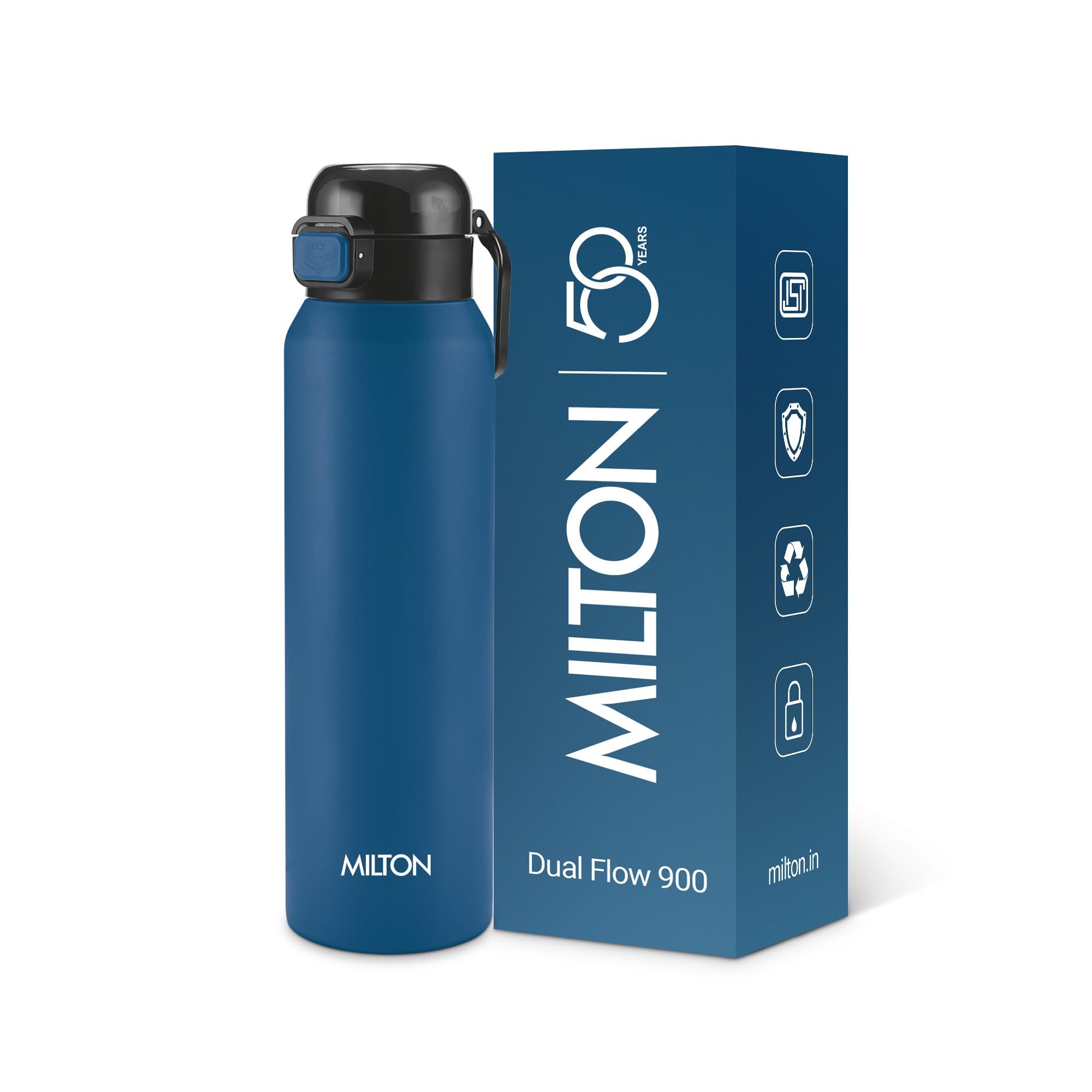 Milton Dual Flow 900 Thermosteel Water Bottle 900 ml with One Touch Safety Lock & Twin Lid Sip or Gulp,Long Hours Hot & Cold,Leak Proof,ISI Certified,Vacuum Insulated,for Office,Gym,School,Dark Blue-image-42