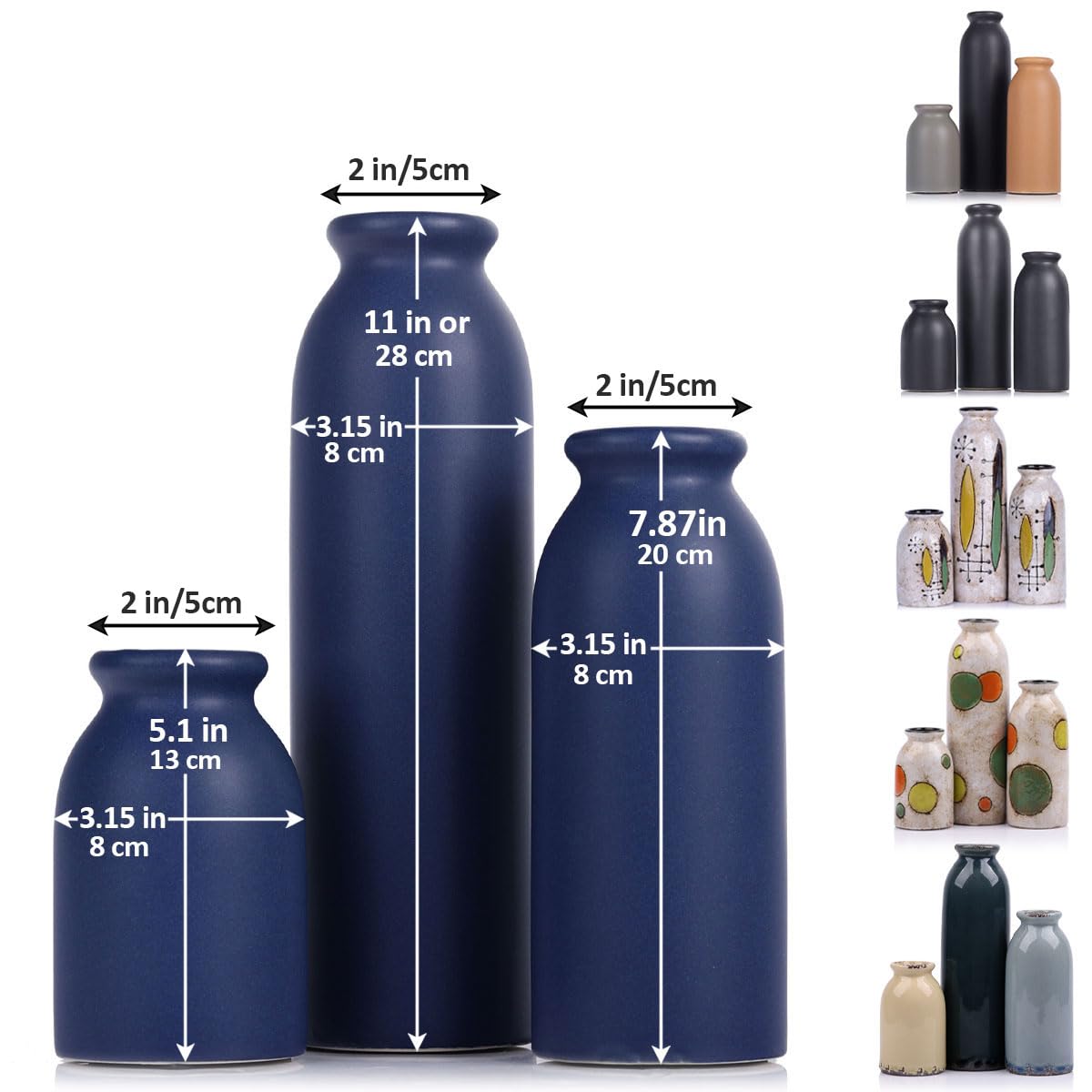 Blue Ceramic Vase Set of 3, Matte Blue Vases for Modern Rustic Farmhouse Style, Decorative Vases for Dining Table, Shelf, Bedroom, Living Room, Kitchen, Office, Bathroom, Mantle, Centerpiece Décor