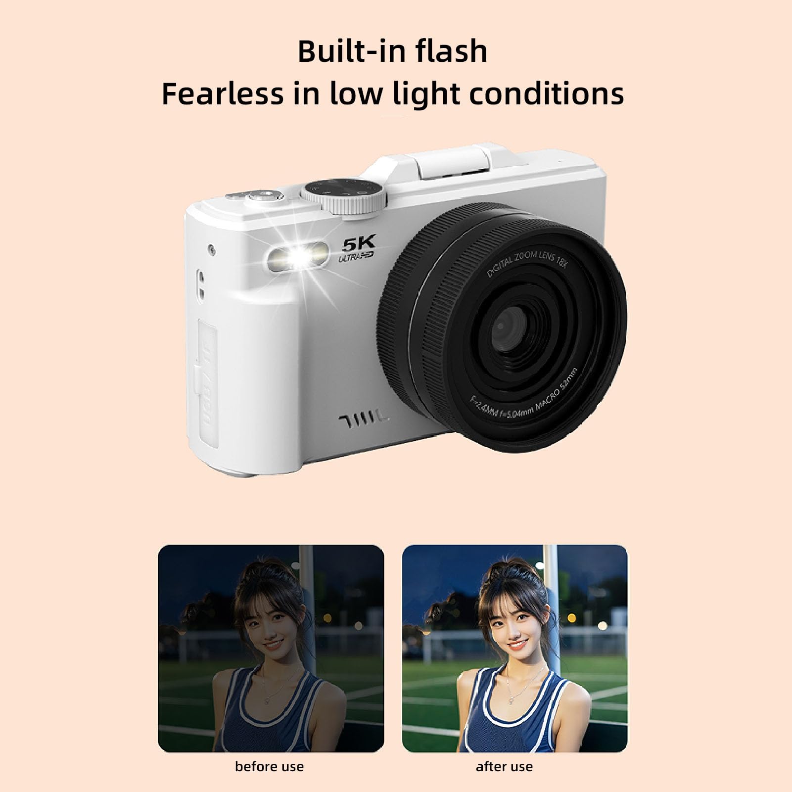 Dpofirs Fotocamera Digitale 5K per Fotografia, Videocamere Vlogging Wi-Fi da 75 MP, con Schermo Orientabile da 3 Pollici e Orientabile a 180 Gradi, Videocamera da Viaggio Compatta per (WHITE)