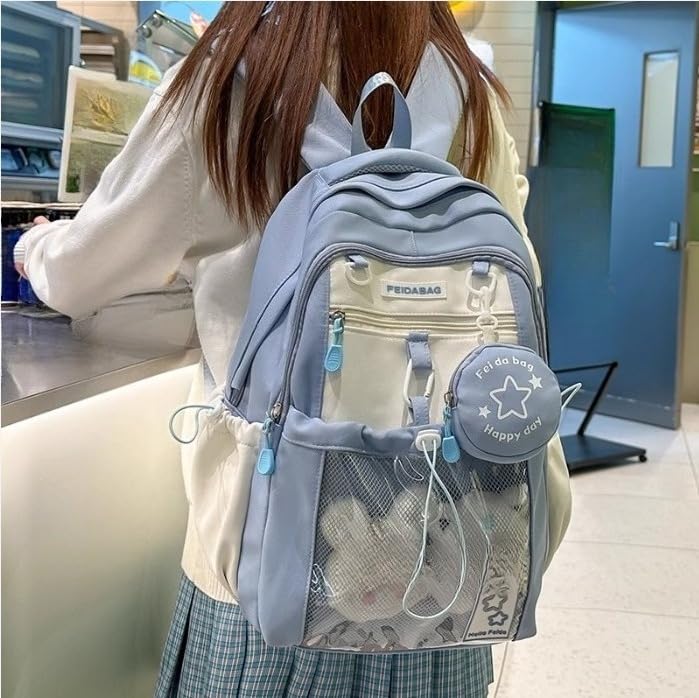 ZQW Ita Bag for Women Kawaii Backpack with Clear Pouch Panel Cute Aesthetic Design Lightweight Daily Commute Shoulder Bag (Backpack-Bule)3