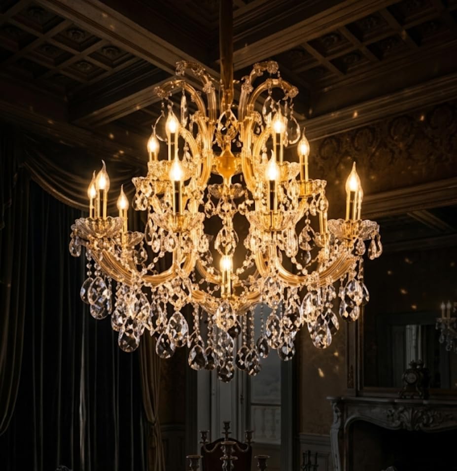 Image of Sanleen K9 Glass Crystal 12 Light Chandelier, White Candle Style Vintage Italian Jhoomar, Luxury Crystal Ceiling Light Fixture for Living Room, Dining Hall, Bedroom & Home Decor (Bulb Included)