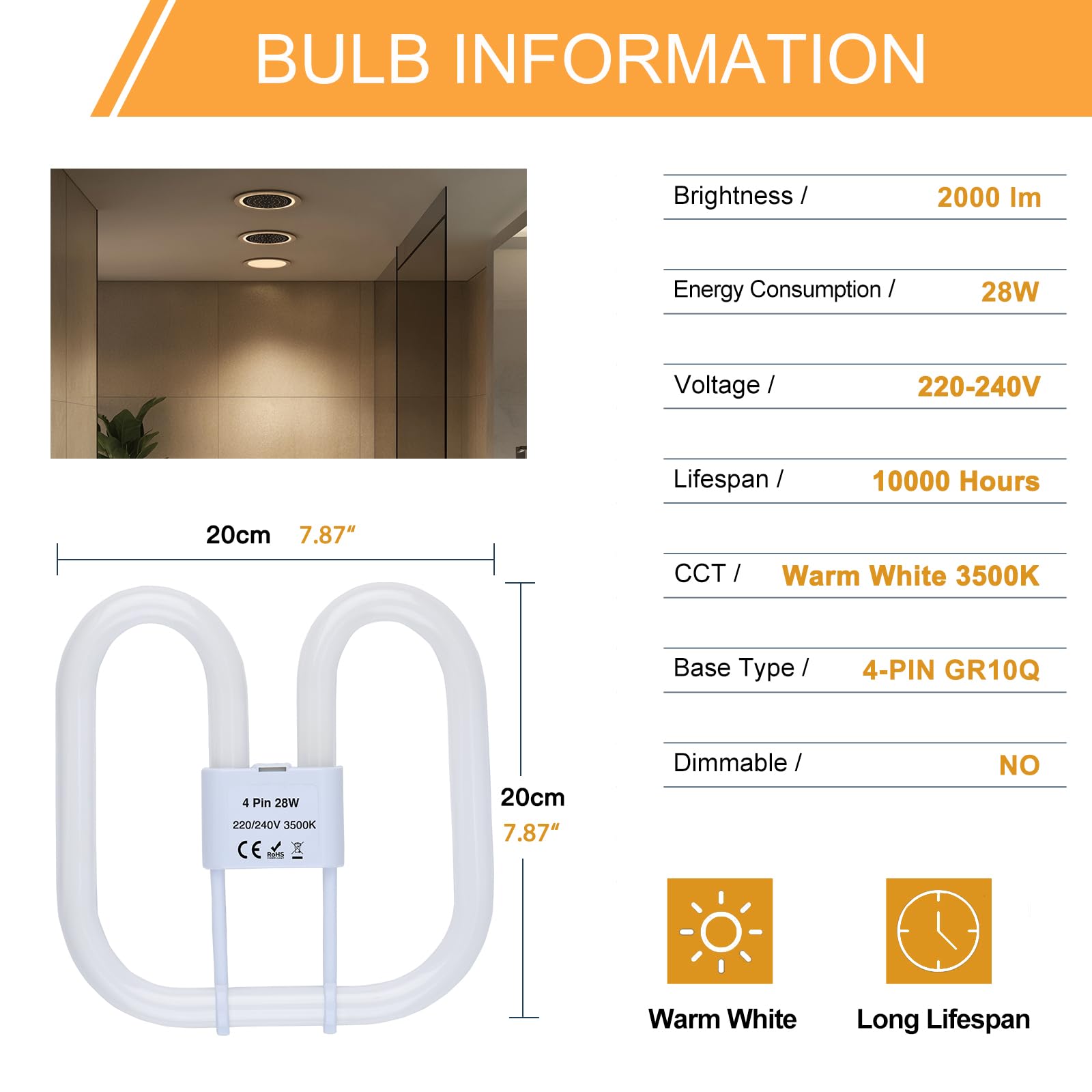 B4U 2 Pack GR10q 4 Pin 28W(Large Size 20 * 20cm) Compact Fluorescent Lamp, 2D Bathroom Light Bulb, CFL Low Energy Light Bulb - Image 2