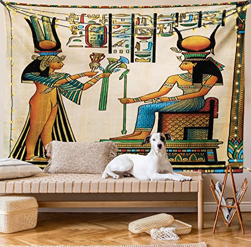 Ambesonne Egyptian Print Tapestry, Old Papyrus Depicting Queen Nefertari Historical Empire Art, Wide Wall Hanging For Bedroom Living Room Dorm, 80" X 60", Beige Orange #TOP7