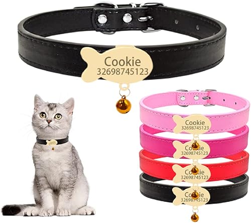 Más candente! Collar de campana con placa de identificación personalizada, collar de piel sintética suave de seguridad para mascotas, gatito y gato