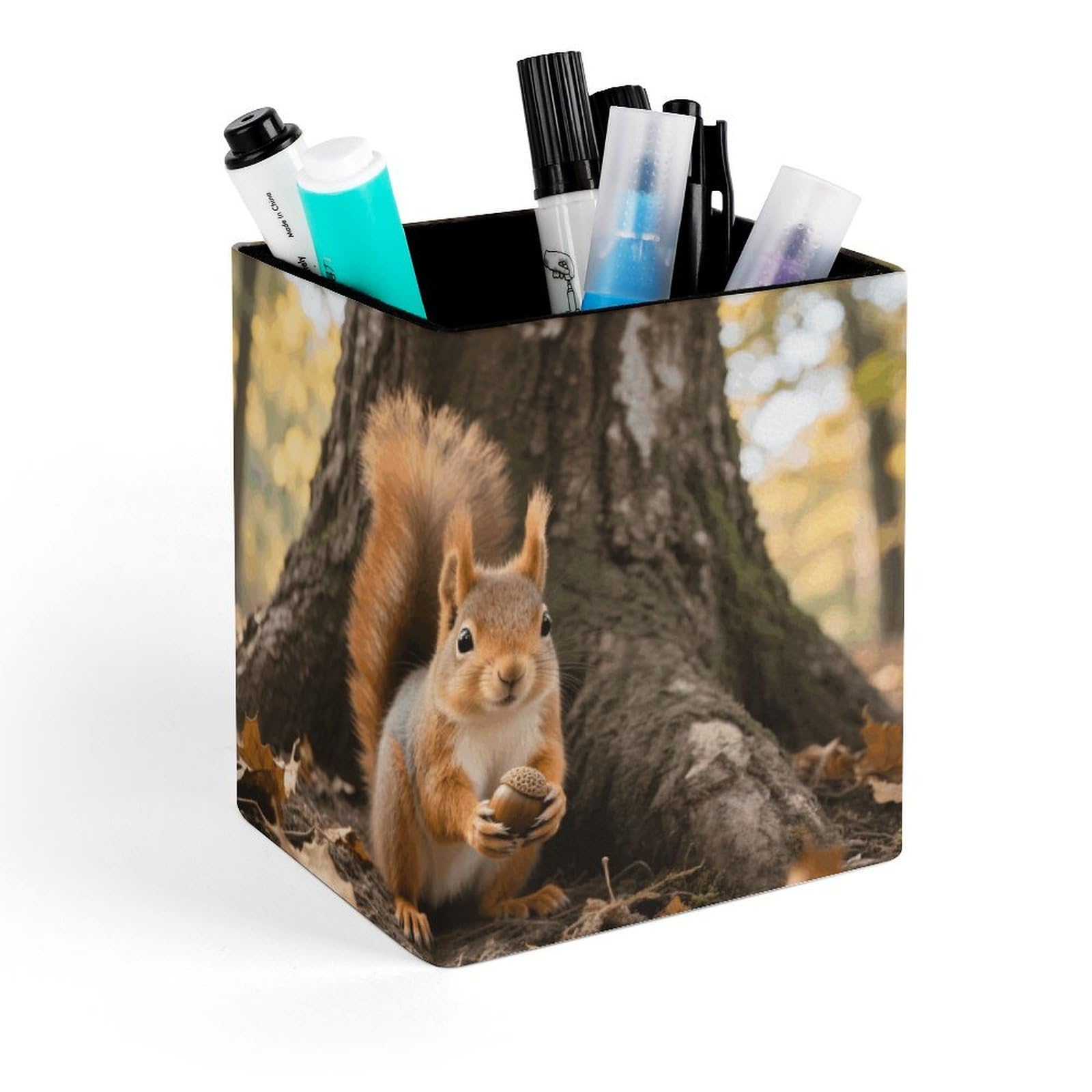 DWVTSLH Aesthetic Pen Holder for Desk - Modern Leather Pencil Holder - Stylish Square Makeup Brush Holder - Squirrel Pen Cup Cute And Functional Desk Organizer for Office Supplies