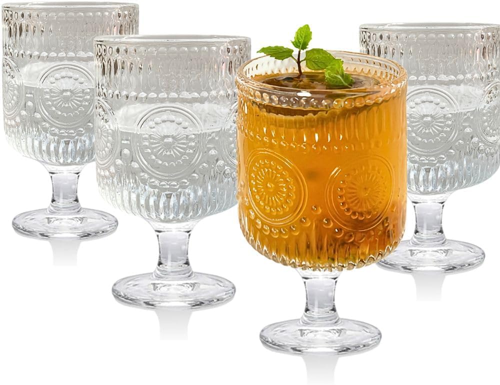 Vintage Goblet Glasses of 4, 8 OZ Embossed Floral Wine Glass Cups Set, Romantic Cocktail Wine Glasses, Mixed Drink Glasses, Glass Globlets for Coffee Soda Juice Beer