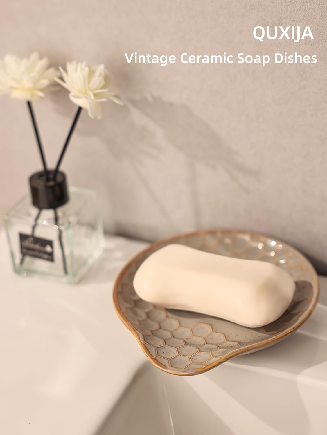 Ceramic Soap Dish Set of 2, Soap Holder, Soap Saver Tray (Vintage Grey)