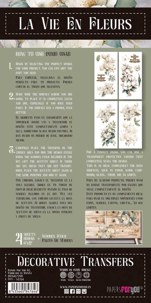 Papers For You - Trasferimenti decorativi per artigianato e mobili/adesivi di trasferimento decorativo/15 x 30 cm 6"x 12" 4 fogli (Magnolie)