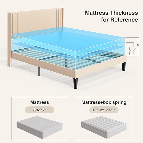 Miniatura 8 de Gizoon Base de cama matrimonial con cabecera de ala plataforma tapizada con cabecera geométrica moderna listones de madera sin ruido no necesita