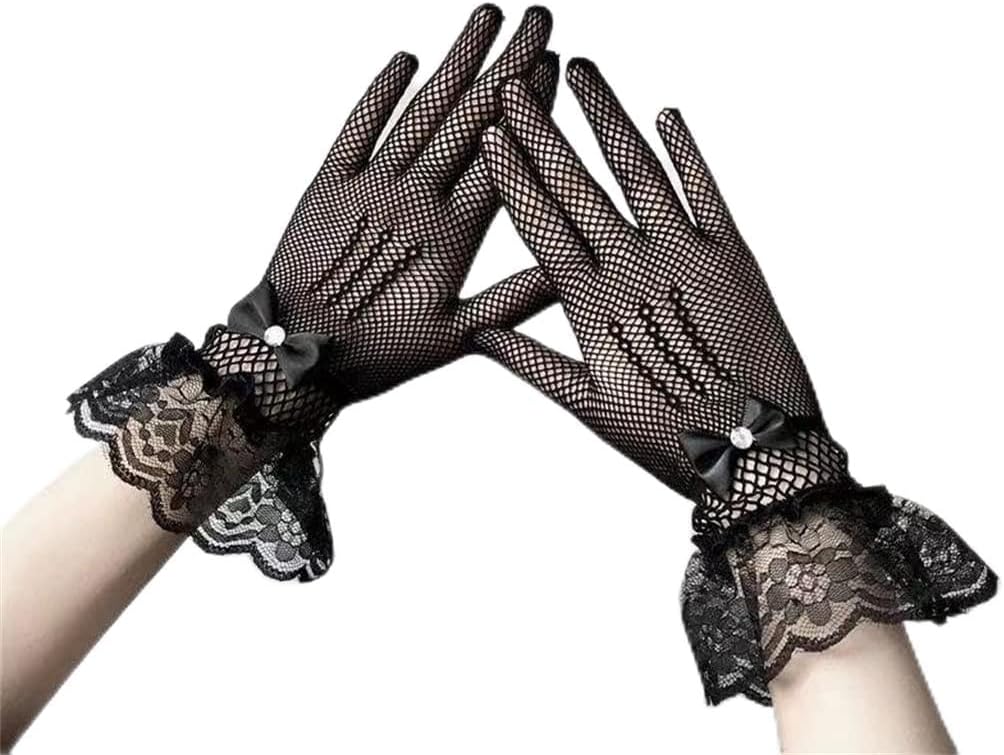 White Driving Gloves Ladies Black Mesh Lace Girls Full Finger