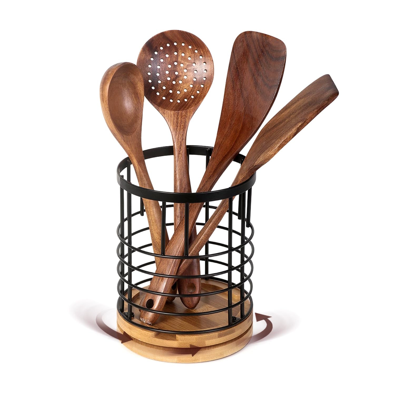 JSVER Utensil Holder Kitchen Utensil Holder, Round Utensil Holder for Kitchen Counter, Cooking Utensil Holder With Wooden Base Matte Black, 360° Rotating Kitchen Utensils Holder