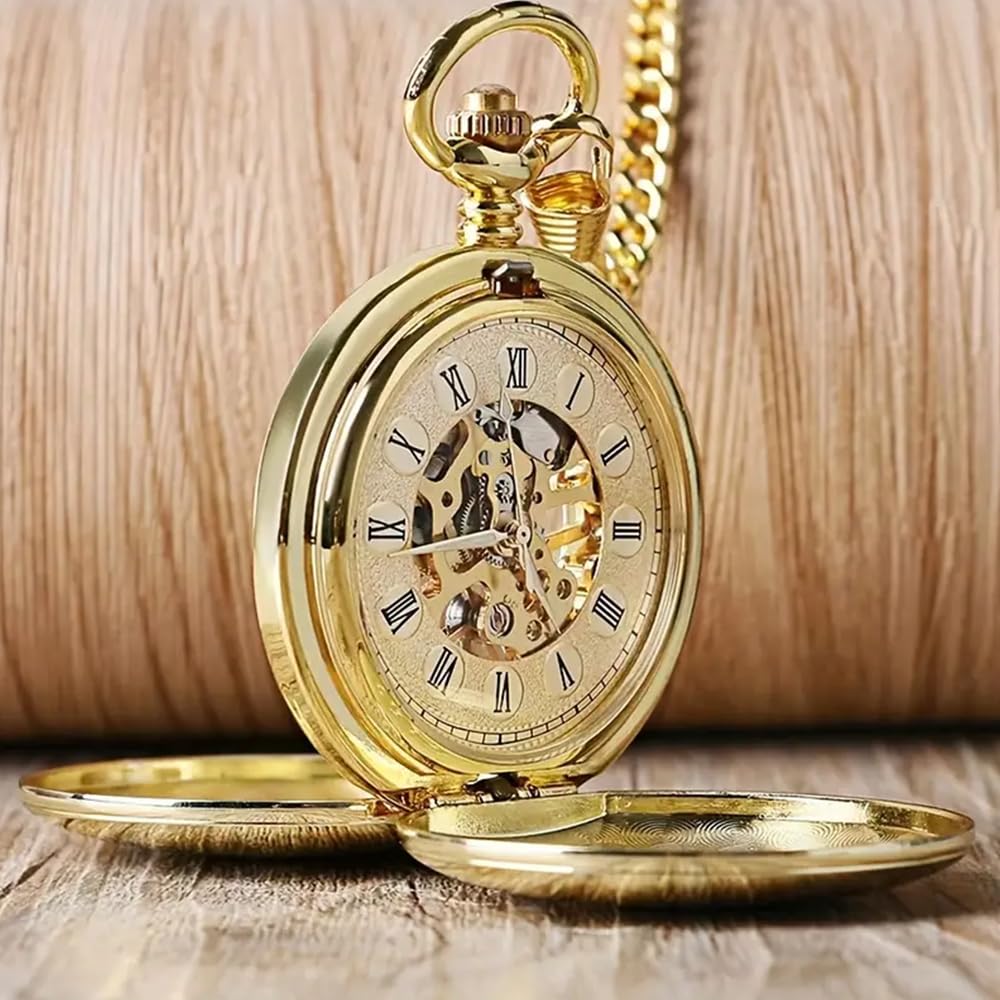 Reloj de Bolsillo mecánico clásico Doble Cara con Cuerda Manual y Superficie Lisa números Romanos ahuecados for Hombres Mujeres(Black)