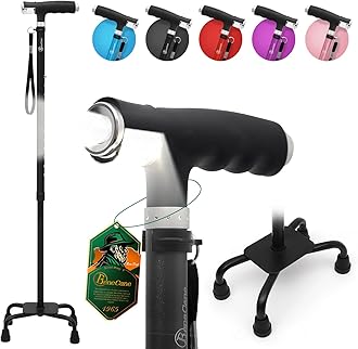 BeneCane Quad Cane Walking Cane with Two Led Lights with Big Base T Handle＆Lightweight Adjustable Walking Stick Four Pronged Sturdy for Men and Women
