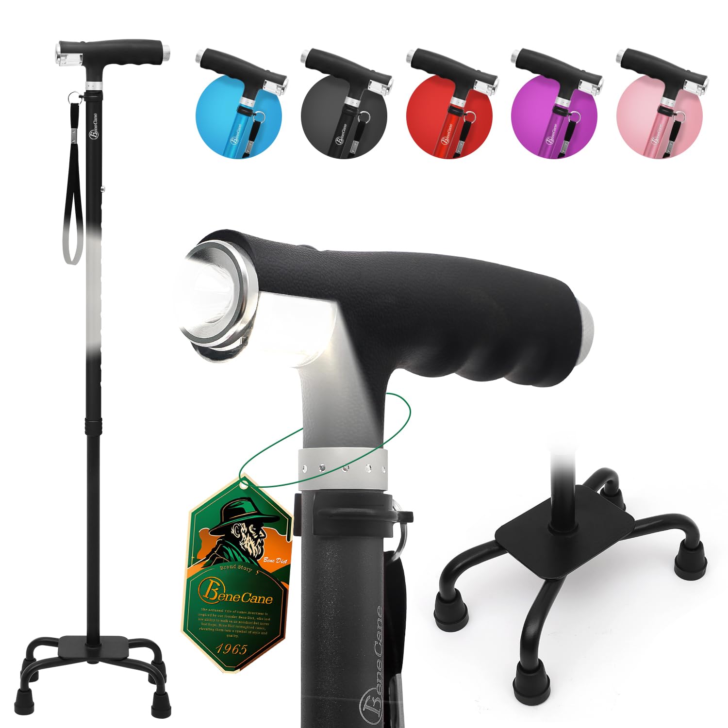 BeneCane Quad Cane Walking Cane with Two Led Lights with Big Base T Handle＆Lightweight Adjustable Walking Stick Four Pronged Sturdy for Men and Women