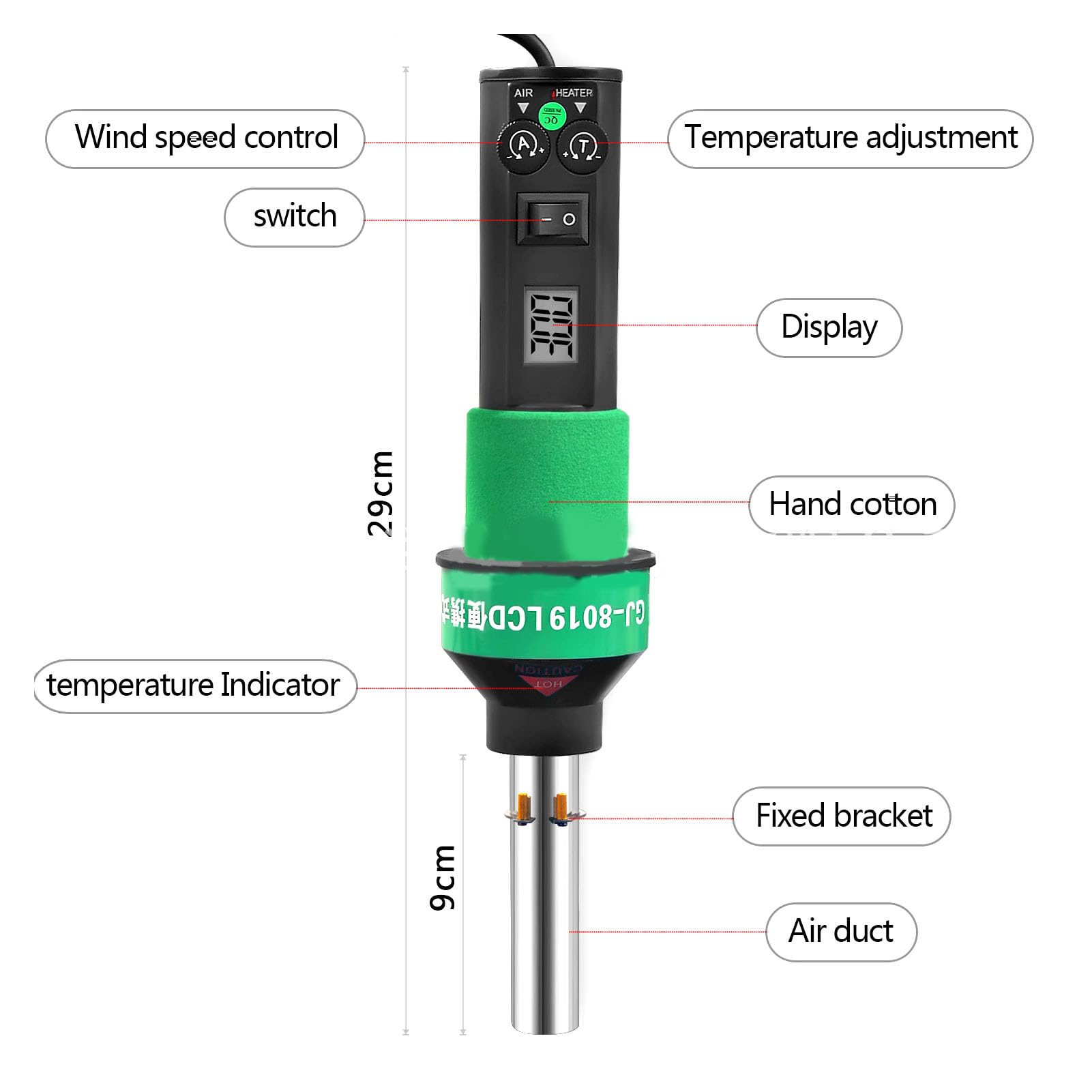 Mini opalarka, 536°F-896°F Regulowany wyświetlacz LCD Bezszczotkowy pistolet na gorące powietrze z 9 dyszami i stojakiem Przenośna opalarka na gorące powietrze do lutowania SMD