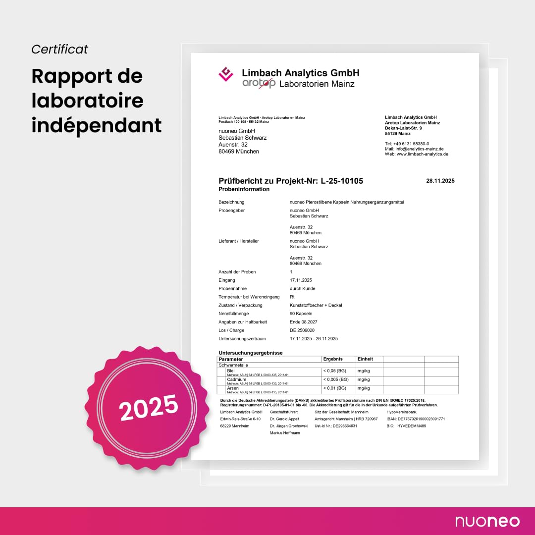 Ptérostilbène 100 mg, 90 gélules à haute dose, activateur de sirtuines et protection cellulaire, 100 mg de trans-ptérostilbène par gélule, haute biodisponibilité, végan
