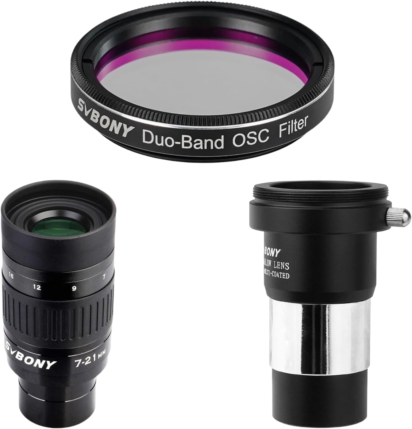 SVBONY SV135 Zoom Eyepiece, Zoom 7 to 21mm 1.25 Inch Telescope Eyepiece Bundle with Barlow Lens 2X and SV220 Telescope Filter