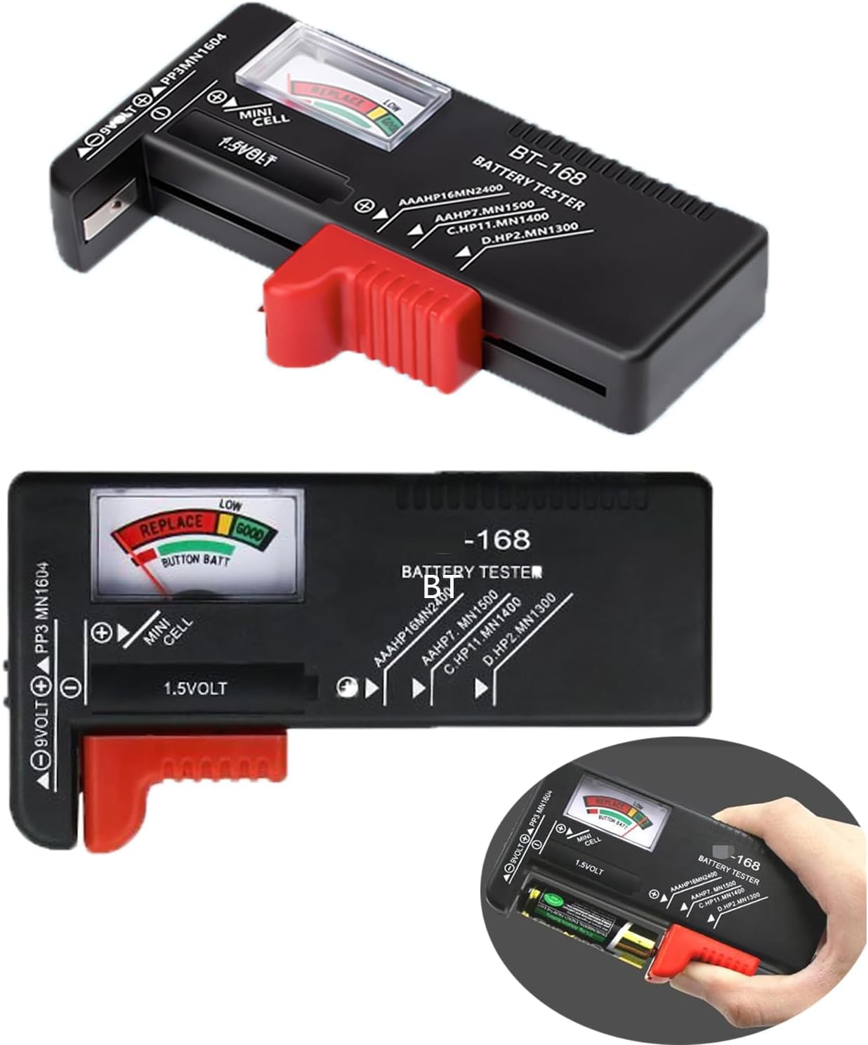 2pcs Battery Tester Checker, Universal Battery Checker Small Battery Testers for AAA AA C D 9V 1.5V Button Cell Household Batteries. (Model BT-168)