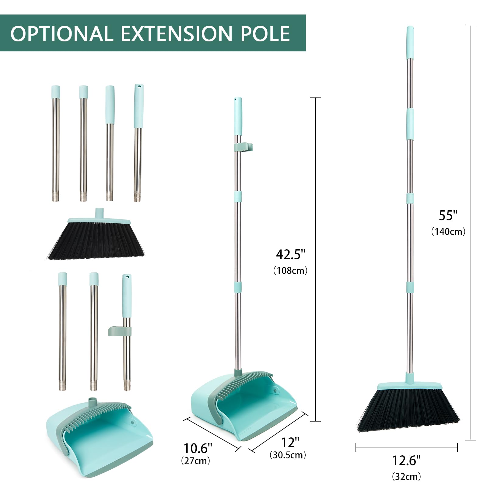 XXFLOWER Broom and Dustpan Combo Set,55" Long Handle,Green 2