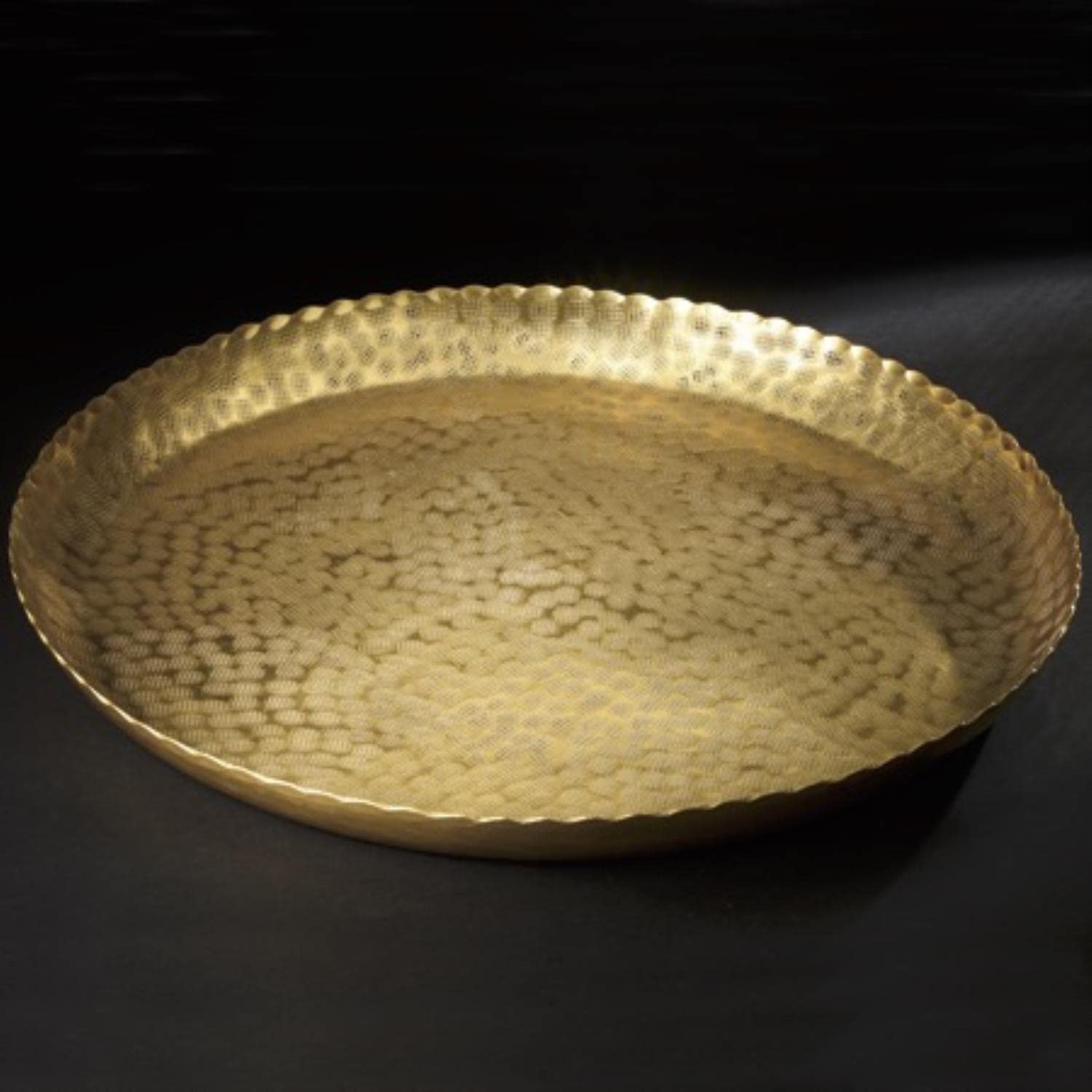 India Handicrafts Hammered Round Gold Tone 20 inch Metal Serving Tray Platter