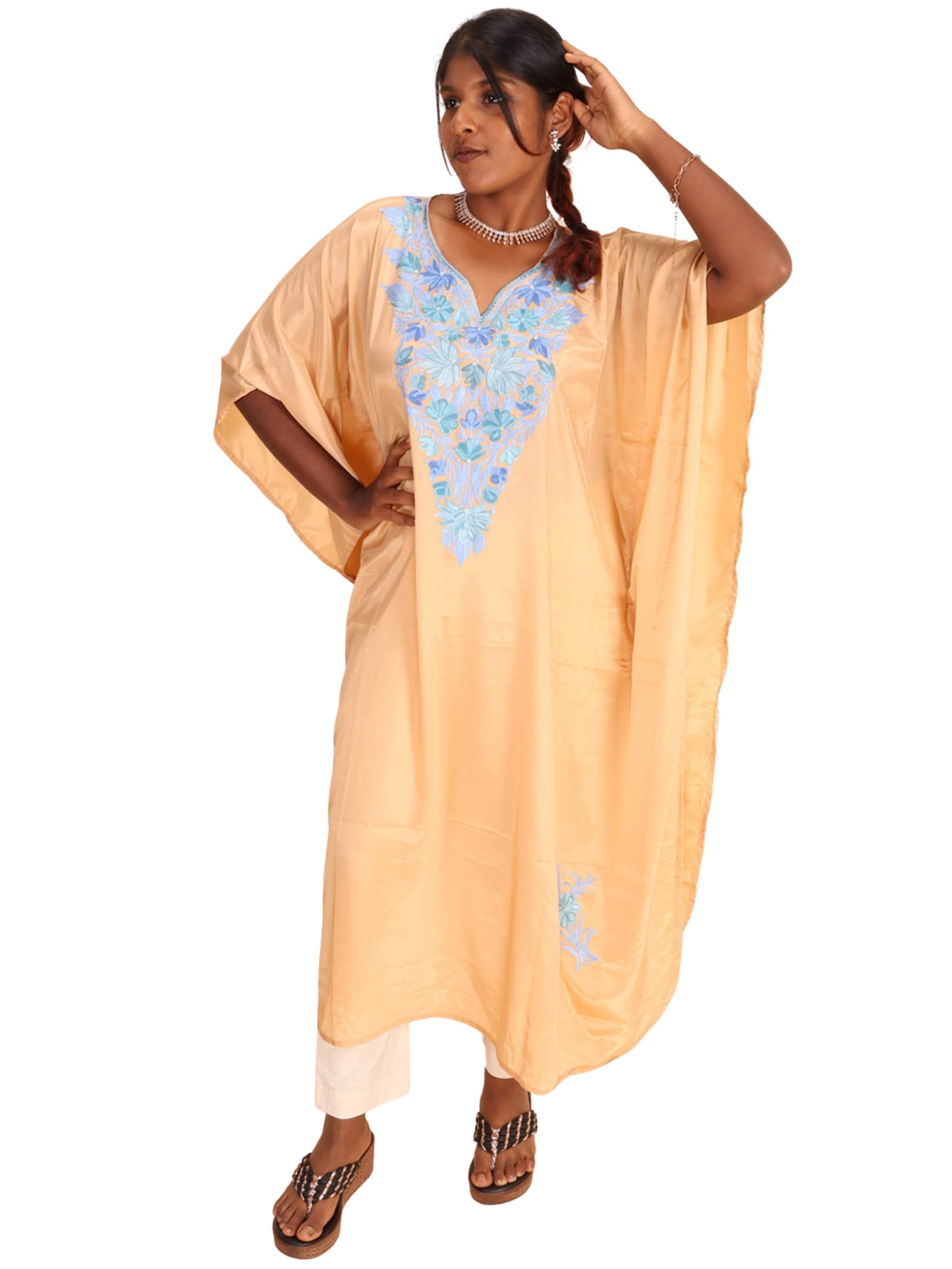 Premium Sozni Embroidered Crepe Silk Kaftan Loose Fit Knee Length Summer Beach Cover-Up | Stylish & Comfortable for Women and Girls (Beige-Blue)-image-30