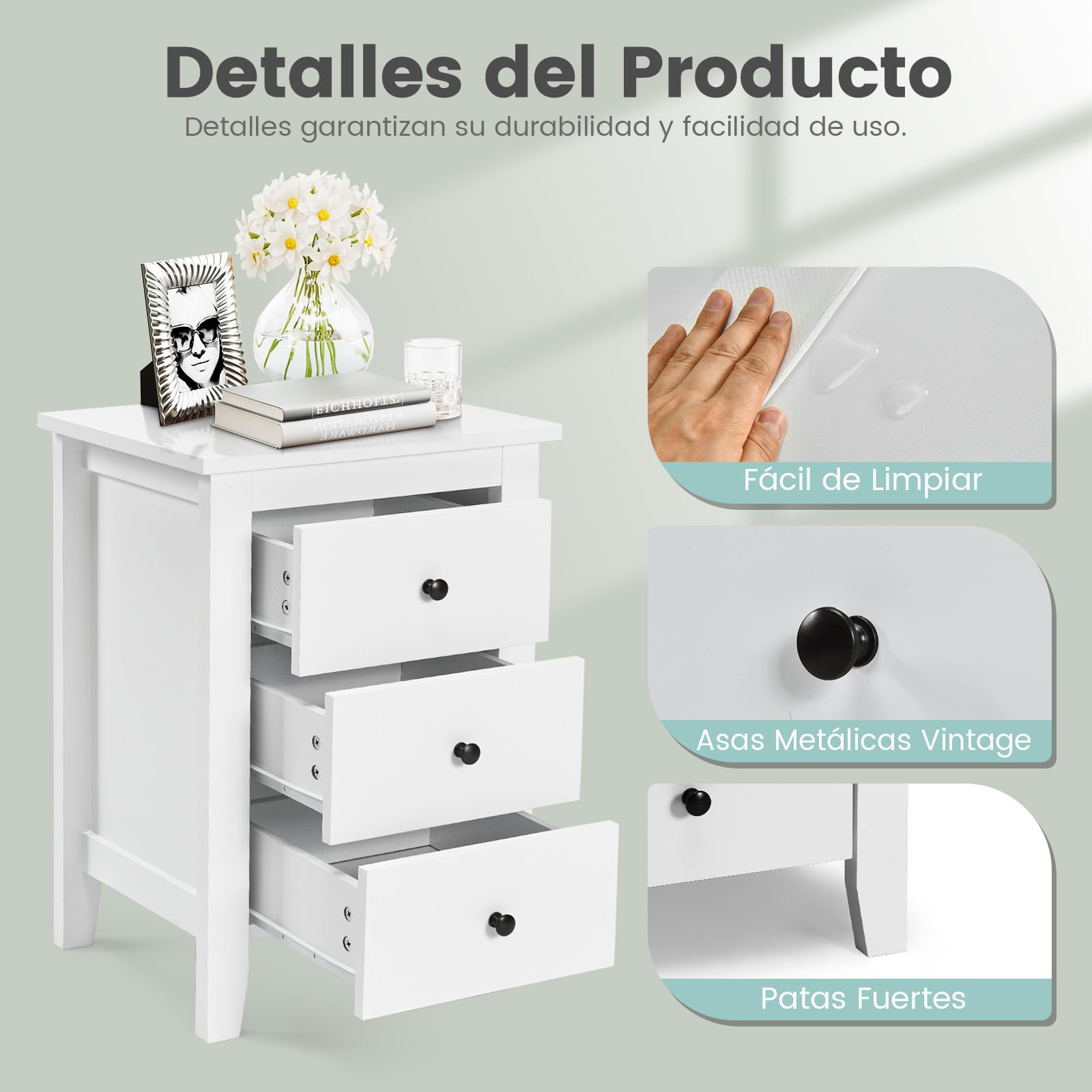 RELAX4LIFE Mesita de Noche con 3 Cajones, Mesilla de Noche de MDF con Asa y Deslizadores Metálicos, Mesa Auxiliar para Dormitorio, Salón, Estudio y Oficina, 46 x 37 x 65 cm (1, Blanco)