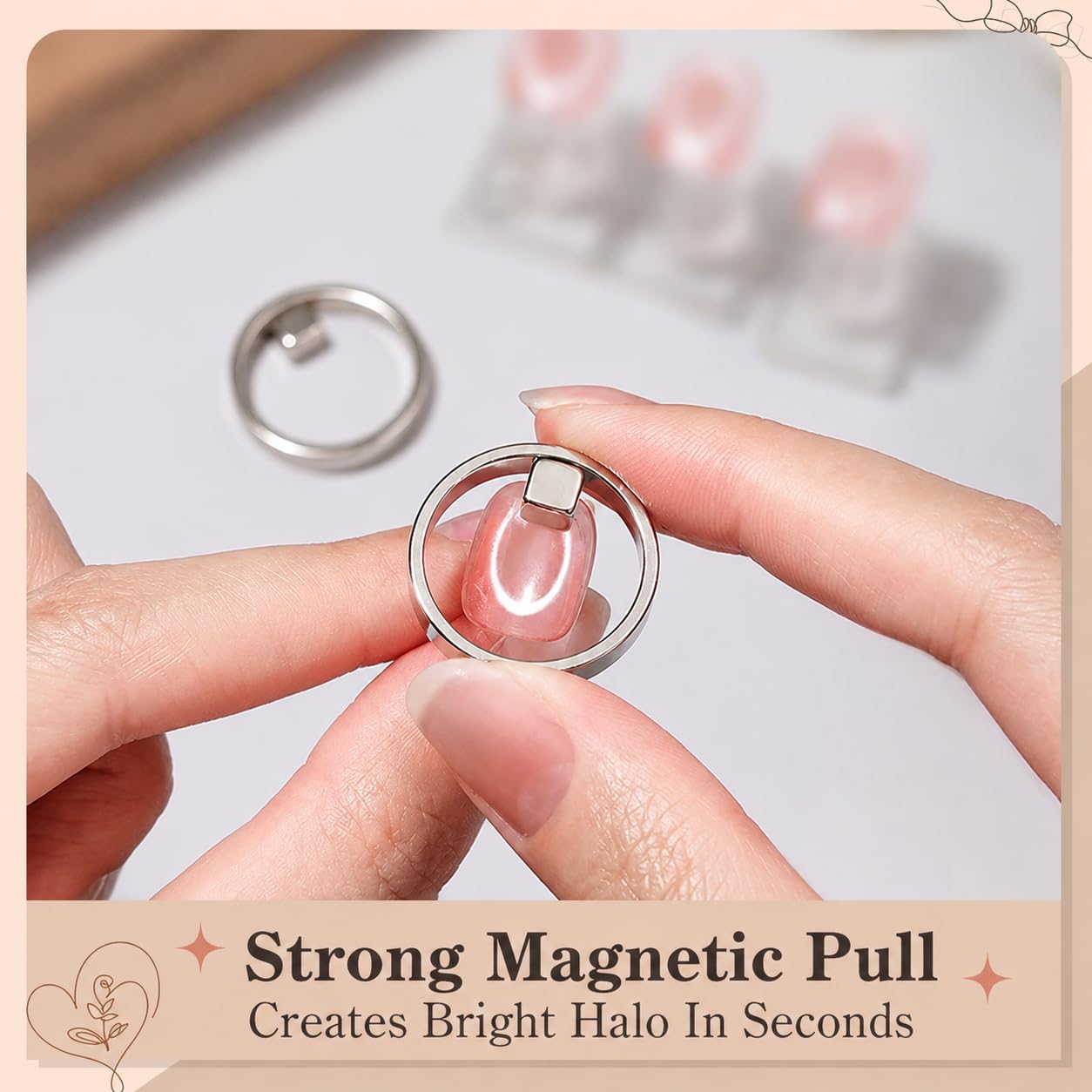 Cat Eye Magnet with Stabilizer for Beginners - Ring & Square Magnet for Halo & Black Hole Nails, No Shake, Easy Salon Quality, Magnetic Nail Tool for Cat Eye Gel Polish, NAT297-Square