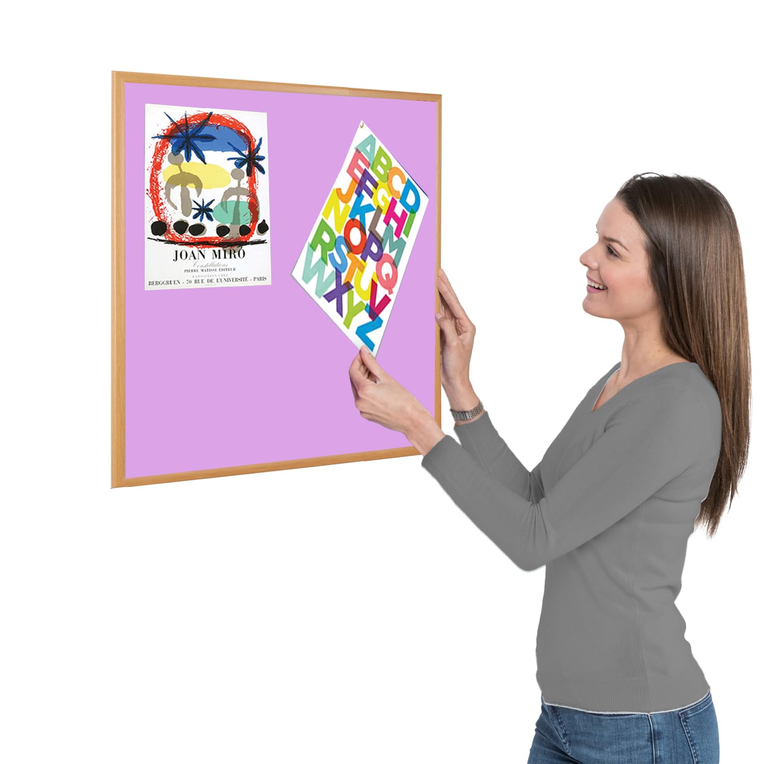 Wonderwall Small Felt Lilac Noticeboard, 600 x 600 mm, Eco-Friendly Pinboard with Light Oak Wood Effect Frame, for Office, School, Home, Reception Areas